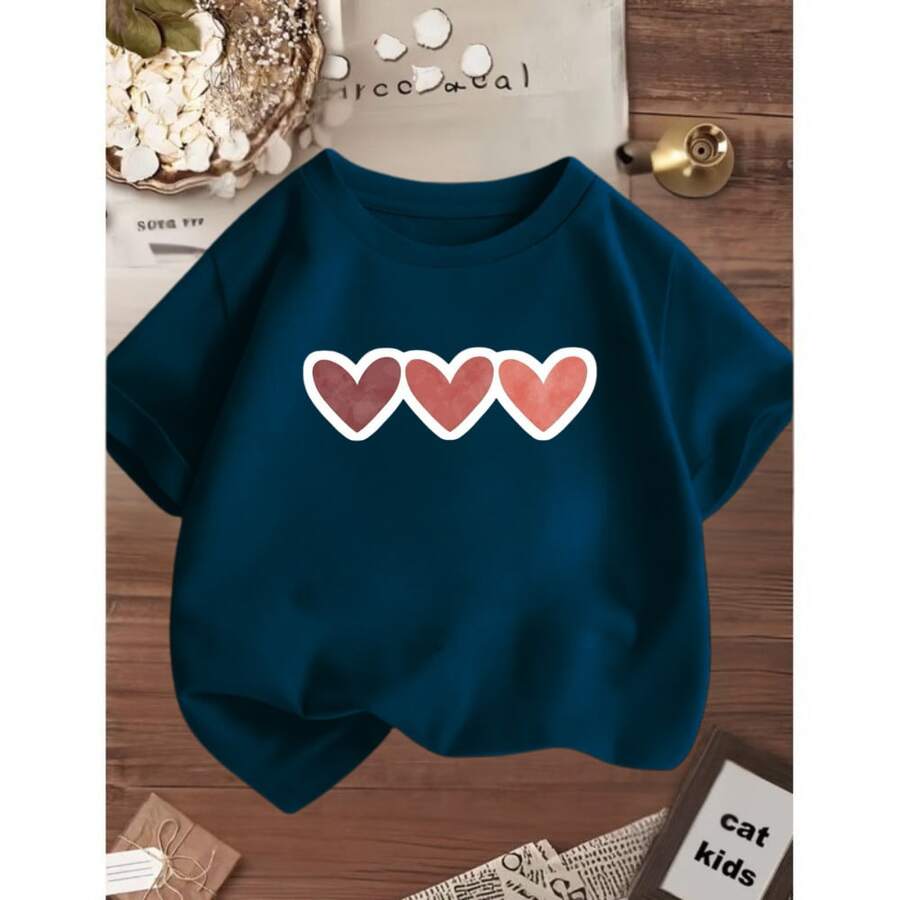 Girls' Off-Shoulder Short-Sleeve T-Shirt With 3 Hearts Side-By-Side Print, 100% Premium Cotton. - Navy Blue - View 1