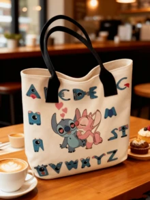 Stitch Canvas Tote Bag, Colorful Paint Splash Print, Bold "STITCH" Lettering, Beige Base + Black Wide Shoulder Straps, Spacious Large Capacity,Lightweight Portable, For Teen Girls/Young Women/ Fans, Daily Use/School/S. - 字母愛心史迪仔 - 查看 6