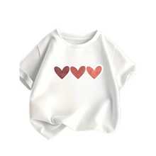 Girls' Off-Shoulder Short-Sleeve T-Shirt With 3 Hearts Side-By-Side Print, 100% Premium Cotton. - White - View 2