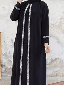 Elegant Women's Black One-Piece Dress - Long Sleeves, Sequin Details, Middle Eastern Style - Perfect For Ramadan And Islamic Prayer - Machine Washable, Long Robe - Black - View 3