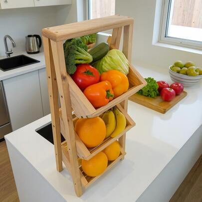 Frutero Organizador De Madera Con 3 Canastas Para Cocina