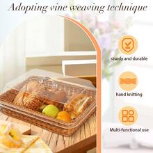 Imitation Rattan Bread Baskets,13.8''x9.8'' Large Wicker Bread Baskets With Acrylic Lids,Tabletop Food Serving Basket, Fruit Tray, Rattan Food Serving Tray For Kitchens,Dining,Restaurants - 卡其色 - 查看 6