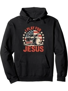 Sudadera con capucha de 100% poliéster de 260g para hombres, diseño de música gospel "I Play for Jesus" con tambores y banderas - Sudadera casual gris claro - Negro - Ver 1