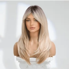 22 Inch Brown Gradient Gold Inner Button Wig With Bangs, Suitable For Women's Brown Dark Hair, With Blonde Wig, Heat-Resistant Synthetic Wig, Suitable For Daily Party Role-Playing Wig - 香檳色 - 查看 6