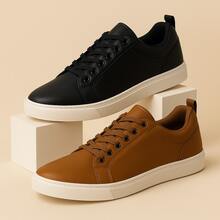 Kit Of 2 Pairs Of Men's Casual Sneakers For Leisure, Work, Stylish, Elegant, Minimalist, Textured, Everyday Use, Non-Slip - Promotion, Immediate Lightning Shipping - Đen + Nâu Caramel - Xem 2