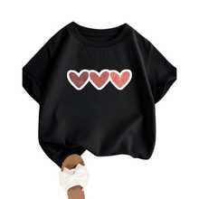 Girls' Off-Shoulder Short-Sleeve T-Shirt With 3 Hearts Side-By-Side Print, 100% Premium Cotton. - Black - View 2
