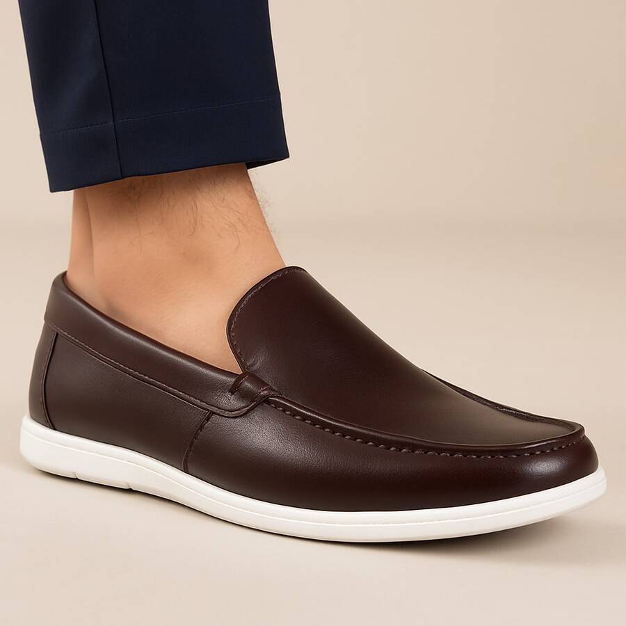 Men's Casual Leather Loafer Shoes - Comfortable - On - Coffee Brown - View 1