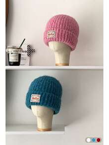 Gorro feminino de malha de cor sólida com proteção para orelhas, gorro quente e moderno para outono/inverno, adequado para uso casual