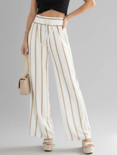 Calça Pantalona Viscolinho Feminina Listrada – Cós Elástico e Cordão Ajustável (P ao G2)