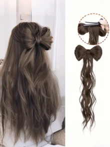 波浪半扎蝴蝶结马尾假发，耐热合成材料，自然波浪，带蝴蝶结马尾，半扎高马尾，羽毛卷发，爪夹发髻，复古编发 - 彩色 - 查看 2