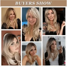 22 Inch Brown Gradient Gold Inner Button Wig With Bangs, Suitable For Women's Brown Dark Hair, With Blonde Wig, Heat-Resistant Synthetic Wig, Suitable For Daily Party Role-Playing Wig - 香檳色 - 查看 2