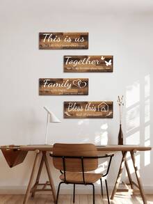四件套木制乡村艺术家居墙饰，幸福家庭祝福语墙饰，客厅卧室农舍壁画，主题节日派对乔迁新居装饰礼品 - 彩色 - 查看 5