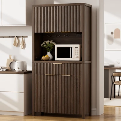 GIKPAL Modern Pantry Cabinet With Power Outlet & Adjustable Shelves - Kitchen Storage Hutch With Drawer, Wave-Textured Doors For Dining & Living Room, Natural Oak Finish, Walnut