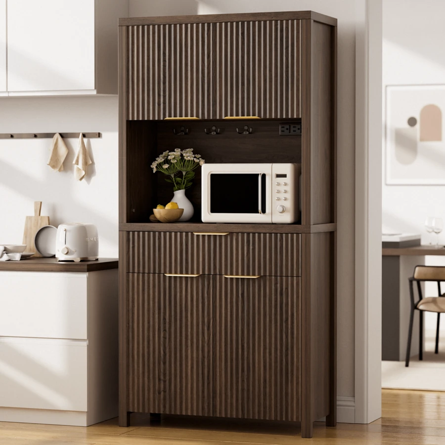 GIKPAL Modern Pantry Cabinet With Power Outlet & Adjustable Shelves - Kitchen Storage Hutch With Drawer, Wave-Textured Doors For Dining & Living Room, Natural Oak Finish, Walnut - View 1