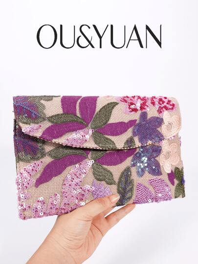 各式亮片刺绣拼布钱包，女式拼色拼布翻盖手拿包，刺绣花朵派对包，时尚钱包，适合派对、礼物、婚礼、节日、度假