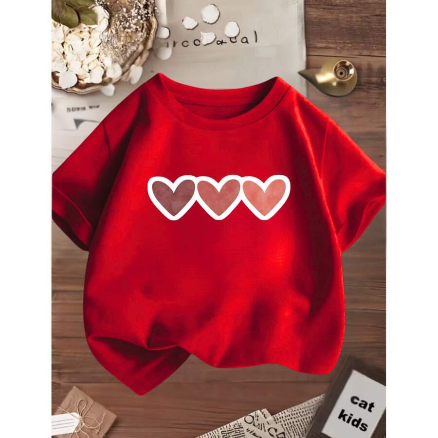 Girls' Off-Shoulder Short-Sleeve T-Shirt With 3 Hearts Side-By-Side Print, 100% Premium Cotton. - 紅色 - 查看 1