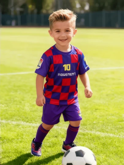 男童短袖运动套装（2件套），足球风格T恤和短裤套装，世界杯印花，柔软面料，亲肤材质，适合4-7岁男童