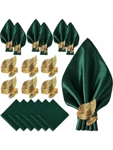 6 șervețele negre din pânză și 6 inele de șervețele aurii, set de 6 piese, șervețele de masă pătrate din satin de 43x43 cm și inele de șervețele, petrecere de nuntă, negru + auriu