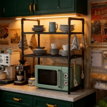 1 pieza Estante telescópico ajustable para horno de microondas de uso intensivo - 2 modelos disponibles, estante de metal resistente para encimera con estantes superior e inferior, estante de almacenamiento de cocina, estante para horno y microondas, estante de especias de doble capa, estante de almacenamiento para encimera, estante superior para microondas y almacenamiento de electrodomésticos pequeños - Multicolor - Ver 8