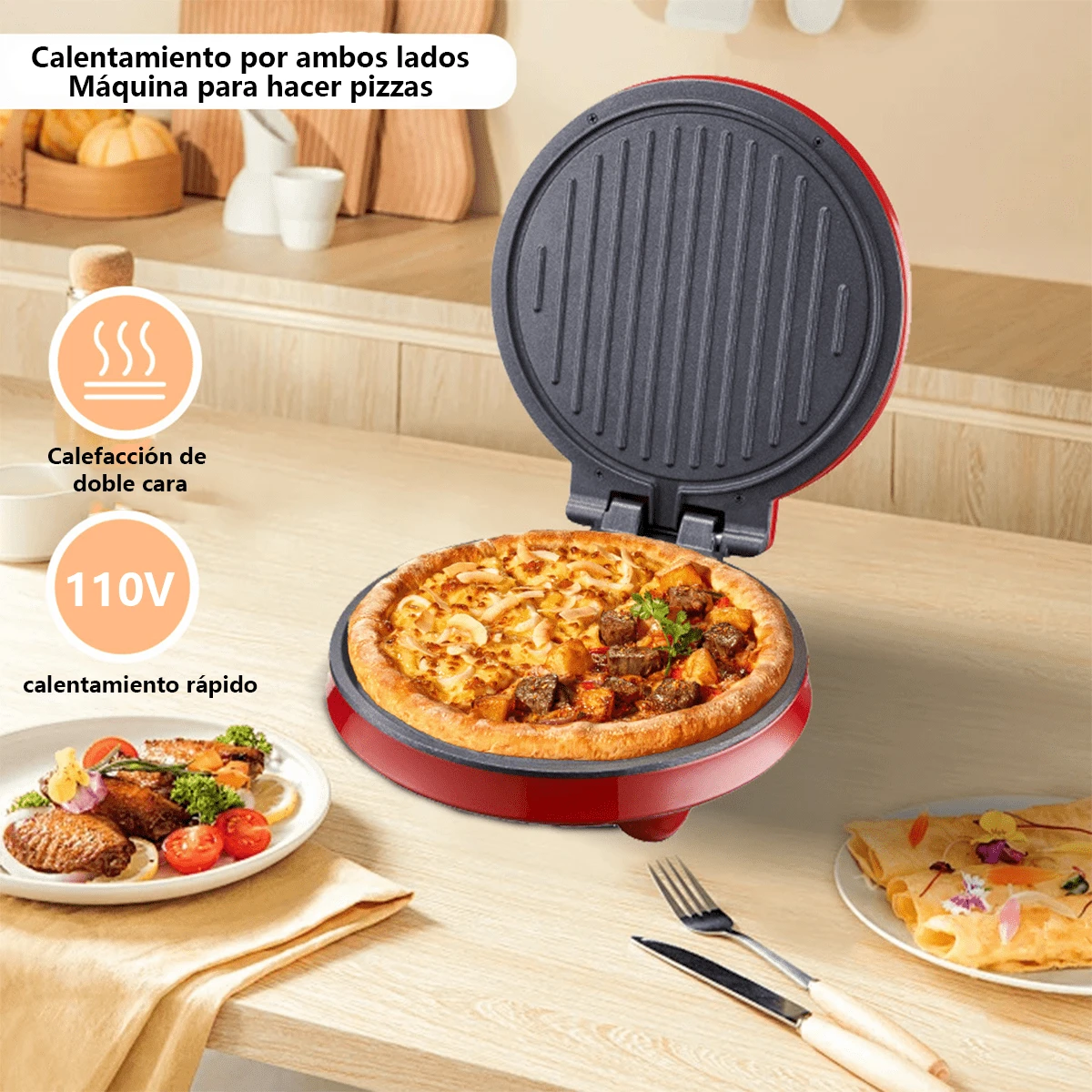Bandeja circular roja para hornear pizza, plancha eléctrica de doble cara, control inteligente de temperatura, diseño compacto ideal para pizzas caseras, hamburguesas y panes planos. Calentamiento rápido de 110 V con bandeja antiadherente para una limpieza sin esfuerzo, que cumple con todos los requisitos culinarios y de cocina del hogar. - Tipo de Enchufe A USA (110-127V) - Ver 1