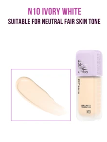 Maybelline Kem nền LUMI-MATTE #N10 Ivory 35ml/10ml, nhẹ hơn 54% so với kem nền thông thường, công thức mỏng nhẹ và lâu trôi, công nghệ tạo màng 3D đột phá tạo hiệu ứng lưới mỏng nhẹ (chống thấm nước và mồ hôi), mang lại vẻ rạng rỡ tự nhiên, không gây cảm giác dày cộm và tông màu lạnh, nuôi dưỡng da sau khi tẩy trang, che phủ khuyết điểm hiệu quả, phù hợp với tông da trung tính đến sáng, quy trình trang điểm 3 bước đơn giản cho vẻ ngoài hoàn hảo suốt cả ngày, lý tưởng cho trang điểm hàng ngày, công thức thân thiện với da. - Kem nền Maybelline Teint Idole Ultra Wear N10 - Xem 6