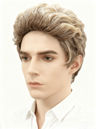 This Voluminous, Curly Men's Wig-Featuring A Soft Ombre Blend Of Warm Ash-Blonde And Light Brown Tones-Delivers A Natural, Textured Look With Bouncy, Layered Curls That Frame The Face