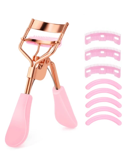 9件套 - 玫瑰金睫毛夹带梳子，包含5个替换夹片和3个梳子，10秒即可卷翘睫毛，适用于化妆、家居装饰、梳妆台、旅行、卧室等多种场合，是理想的化妆配件。