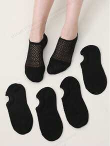 5双装女士薄款透气网眼隐形防滑黑色夏季袜子 - 黑色 - 查看 5
