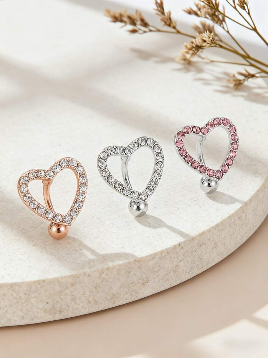 3pcs Women's Sexy Fashion Rhinestone Heart Shaped Navel Rings, Suitable For Beach, Party, Wedding, Holiday Themed Outfits And Personal Style Occasions