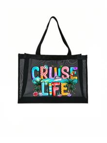 1/2 Cruise Life 图案字母印花网眼手提袋，可作洗漱包，大容量手提包，送给女孩的礼物，母亲节礼物，可折叠轻便，适合个人旅行化妆品收纳，易于清洁，旅行必备，生日礼物，教师节礼物，情人节礼物，圣诞节礼物，感恩节礼物 - 彩色 - 查看 12