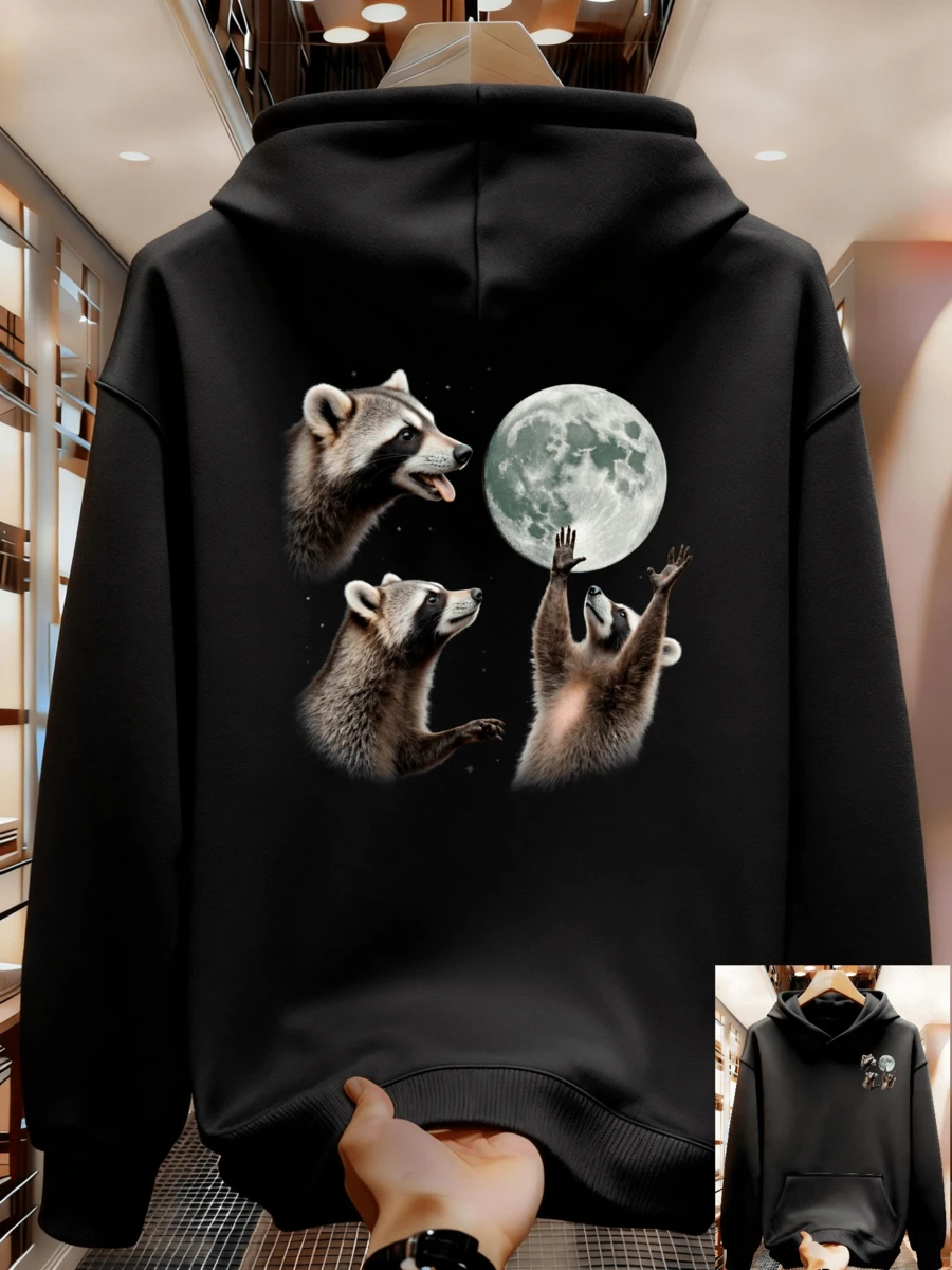 Sudadera con capucha sin cordón impresa en blanco y gris, versátil y de moda para hombres, top para parejas de estudiantes, sudaderas para hombres - Negro - Ver 1