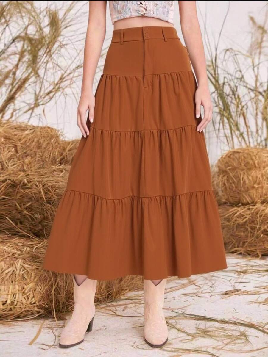 Liu Fashion Women's Casual Long Skirt With One Row Of Buttons In Solid Color, Elegant Beachwear - 咖啡棕 - 查看 1