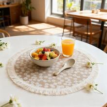 4pcs/6pcs/8pcs Natural Jute 15 Inch Jute And White Print Tassel Placemats, Rustic Round Woven Coarse Linen Tassel Table Mats, Non-Slip, Heat Resistant, Lightweight, Durable And Reusable, Multipurpose For Kitchen, Bohemian Wall Decor, Trivet, Plate Mat, Ideal For Christmas Eve, Halloween, Home Dining Room Decor, Gifts, Weddings, Parties - Multicolor - View 1