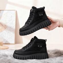 Autumn And Winter Fashion Casual Lamb Wool Lined High-Top Shoes, Faux Leather Patchwork Color-Block Metal Decor Lace-Up Platform Wedge Women's Shoes, Warm And Comfortable - màu đen - Xem 3