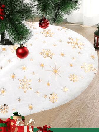 1pc Plush Christmas Tree Skirt, Artificial Christmas Tree Skirt, Mini Christmas Tree Skirt Luxury Faux Fur Snowflake Tree Skirt, White Christmas Tree Decorations, Home Decorations, Christmas Decorations