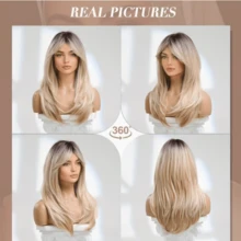 22 Inch Brown Gradient Gold Inner Button Wig With Bangs, Suitable For Women's Brown Dark Hair, With Blonde Wig, Heat-Resistant Synthetic Wig, Suitable For Daily Party Role-Playing Wig - 香檳色 - 查看 7