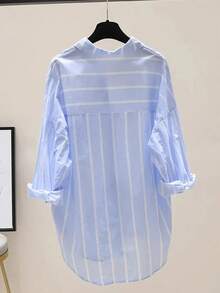 Blusa de mujer de manga larga con botones y cuello, de rayas, de ajuste regular, para primavera - Neblina azul - Ver 3