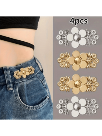 4pcs Adjustable Waist Buckle, Petal Patterned Pants Adjuster, Waistband Shrink Buckle, Jeans Elastic Adjustment Button, Waistband Tightener And Clothing Fixation Pins, Suitable For All Types Of Fashionable Lazy Waist Belts Pants Skirts And Dresses, Convenient Pants Waist Cinching Strap, Elegant And Simple Denim Button Needles For Women's Pants, Detachable Tight Waistband, Waist Adjustment Clip, Adjustable Anti-Slip Garment Clasp Set