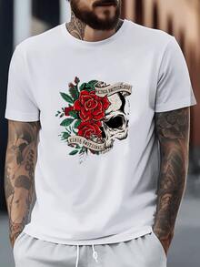 Calavera con rosas rojas y cintas que simbolizan la dualidad emocional en contraste de vida y Camiseta de hombre 100% algodón - Blanco - Ver 6