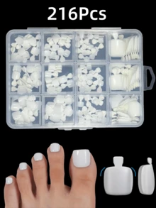 216片短方形按压式脚趾甲，白色假指甲套装，适合DIY，简约百搭设计，12种尺寸，女士美甲用品 - 白色 - 查看 9