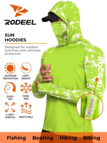 RODEEL Sun Hoodie Shirts W/ UV Detection Mask Neck Gaiter Thumbhole Men UPF 50+ Sun Protection Long Sleeve Lightweight Quick Dry Moisture Wicking Breathable Cooling Athletic Activewear For Outdoor Fishing Roofing Construction, Holiday Gift - Màu xanh huỳnh quang - Xem 1