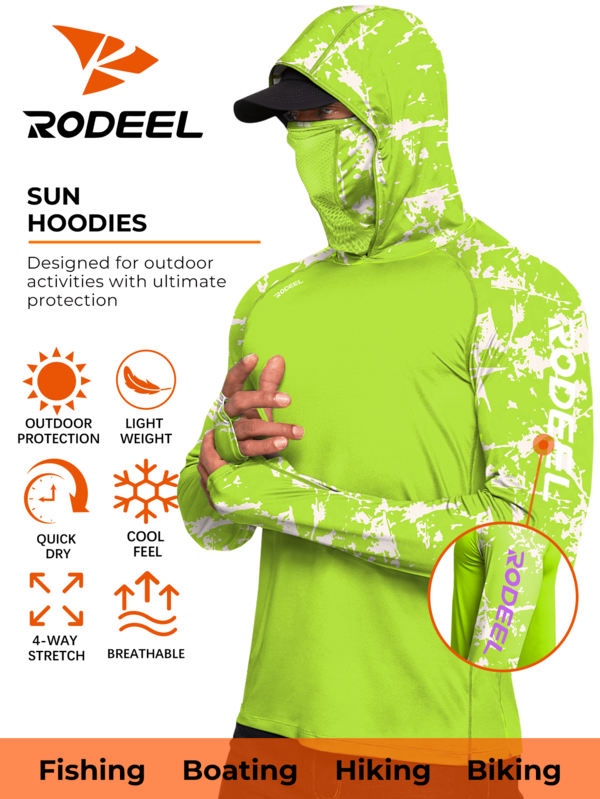 RODEEL Camisa con capucha para el sol con máscara de detección de rayos UV, polaina para el cuello, orificio para el pulgar, para hombre, protección solar UPF 100+, manga larga raglán, ligera, de secado rápido, que absorbe la humedad, transpirable, refrescante, ropa deportiva para actividades al aire libre, senderismo y pesca.