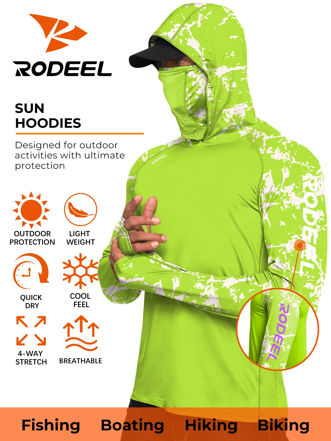 RODEEL Sun Hoodie Shirts W/ UV Detection Mask Neck Gaiter Thumbhole Men UPF 50+ Sun Protection Long Sleeve Lightweight Quick Dry Moisture Wicking Breathable Cooling Athletic Activewear For Outdoor Fishing Roofing Construction, Holiday Gift - Màu xanh huỳnh quang - Xem 1