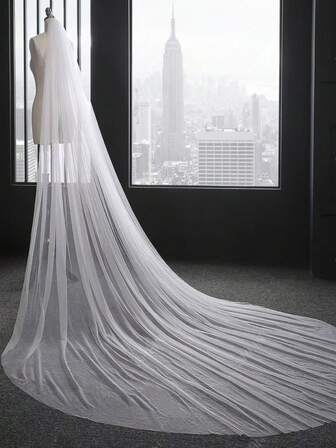3 Meters Simple White Bridal Veil With Trailing Edge, Suitable For Weddings And Special Occasions, Solid Color Casual Mesh Fabric