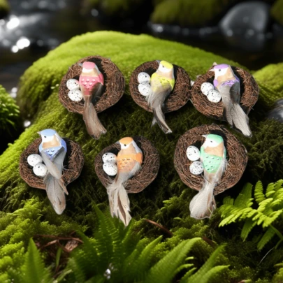 4 件套，人造泡沫羽毛鸟，带干草巢和蛋装饰，花园庭院民宿家居装饰，家庭花园装饰，庭院装饰，庭院用品 [鸟类随机发货]