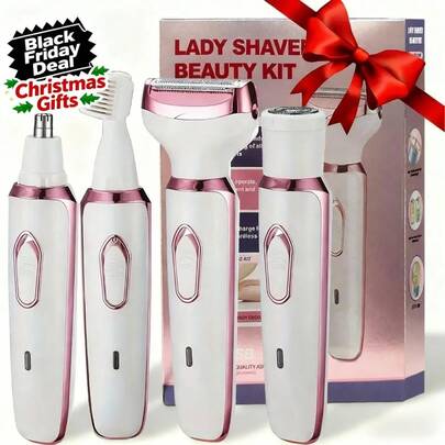 4-In-1 Rechargeable Electric Shaver For Women, Portable Electric Facial Hair Trimmer With 4 Heads, Suitable For Face, Nose, Legs, Underarms, Bikini Line And Body Hair Removal