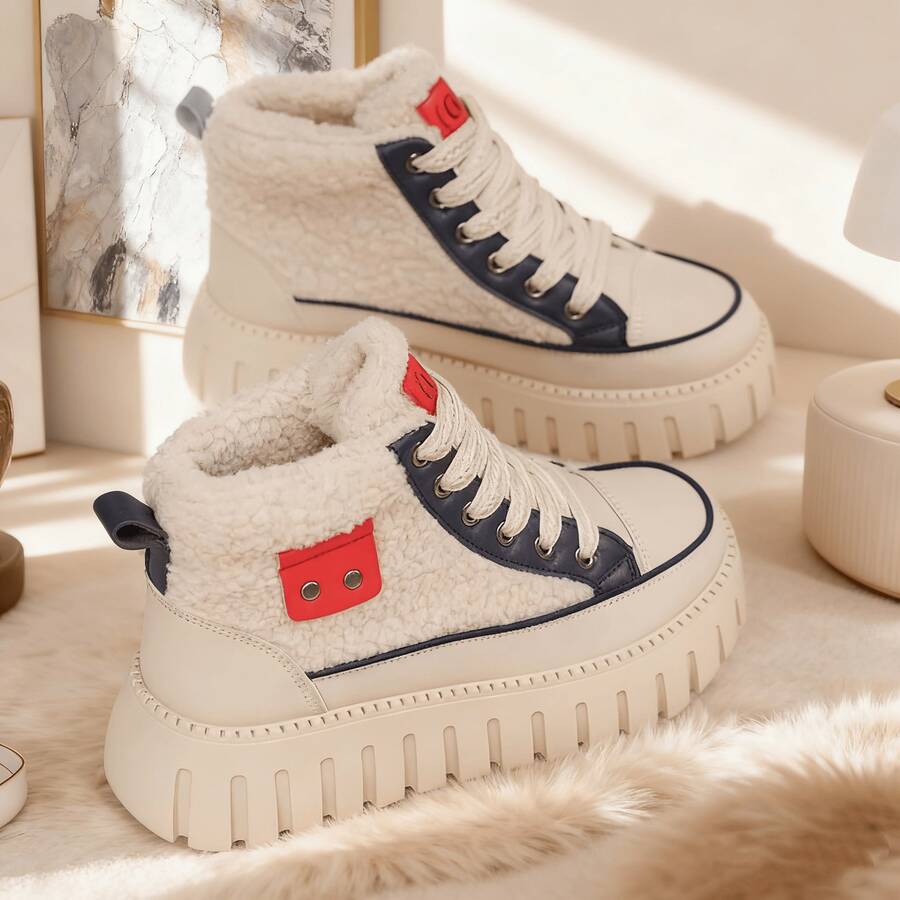 Autumn And Winter Fashion Casual Lamb Wool Lined High-Top Shoes, Faux Leather Patchwork Color-Block Metal Decor Lace-Up Platform Wedge Women's Shoes, Warm And Comfortable - 藍色 - 查看 1
