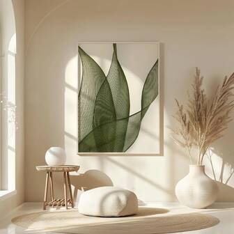 Set de 1 impresión botánica: arte de línea minimalista de hoja verde, póster sin marco neutro para una sala de estar o dormitorio relajante