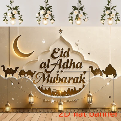2D Flat BannerThe Festive Scene Of Eid Al-Adha Is Depicted Against A Beige Background, Featuring Gold Ornaments, Star-Shaped And Moon-Shaped Lanterns, Camels, And The Silhouette Of A Mosque