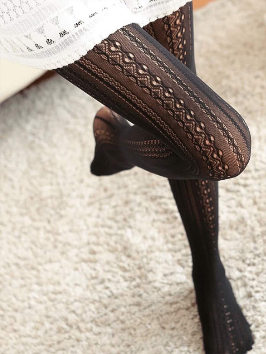 1 chiếc quần tất ren khoét lỗ kiểu Lolita Nhật Bản màu trắng cổ điển mới, kèm tất lưới thêu và tất chân. - màu đen - Xem 1